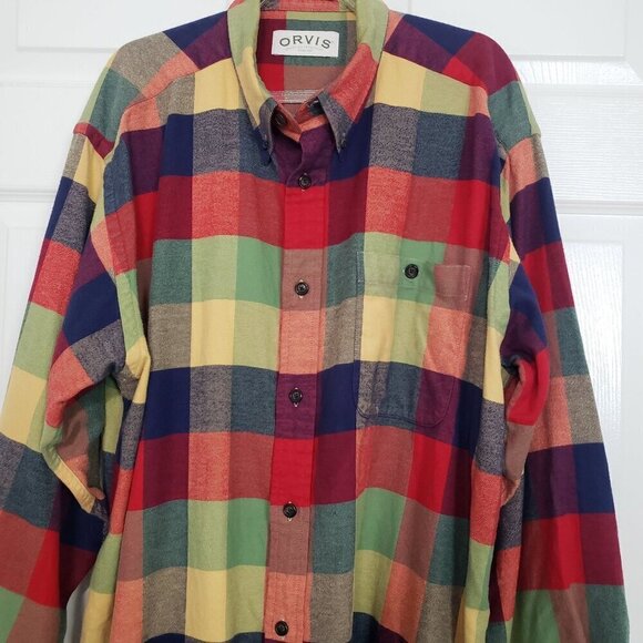 Orvis Check Flannel Shirt Plaid 100% Cotton Long Sleeve Mens Button Up Sz Large - Picture 3 of 8